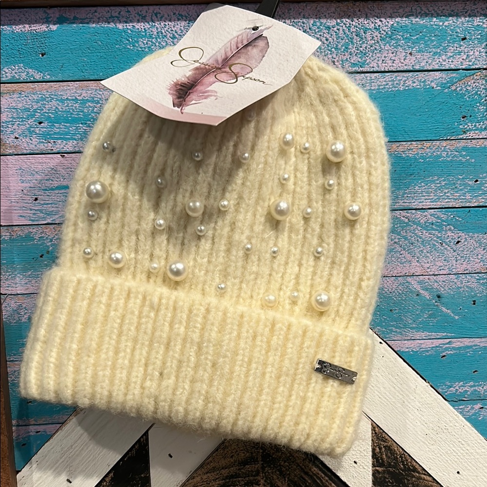 Jessica Simpson White Cream Knit Hat with Embellishments